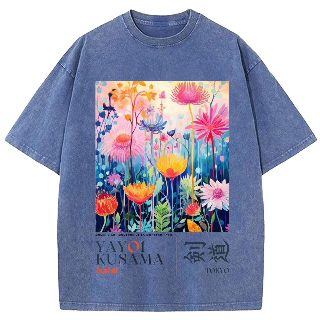 Yayoi Kusama Flower Vintage Design Washed Crew Neck T-Shirt