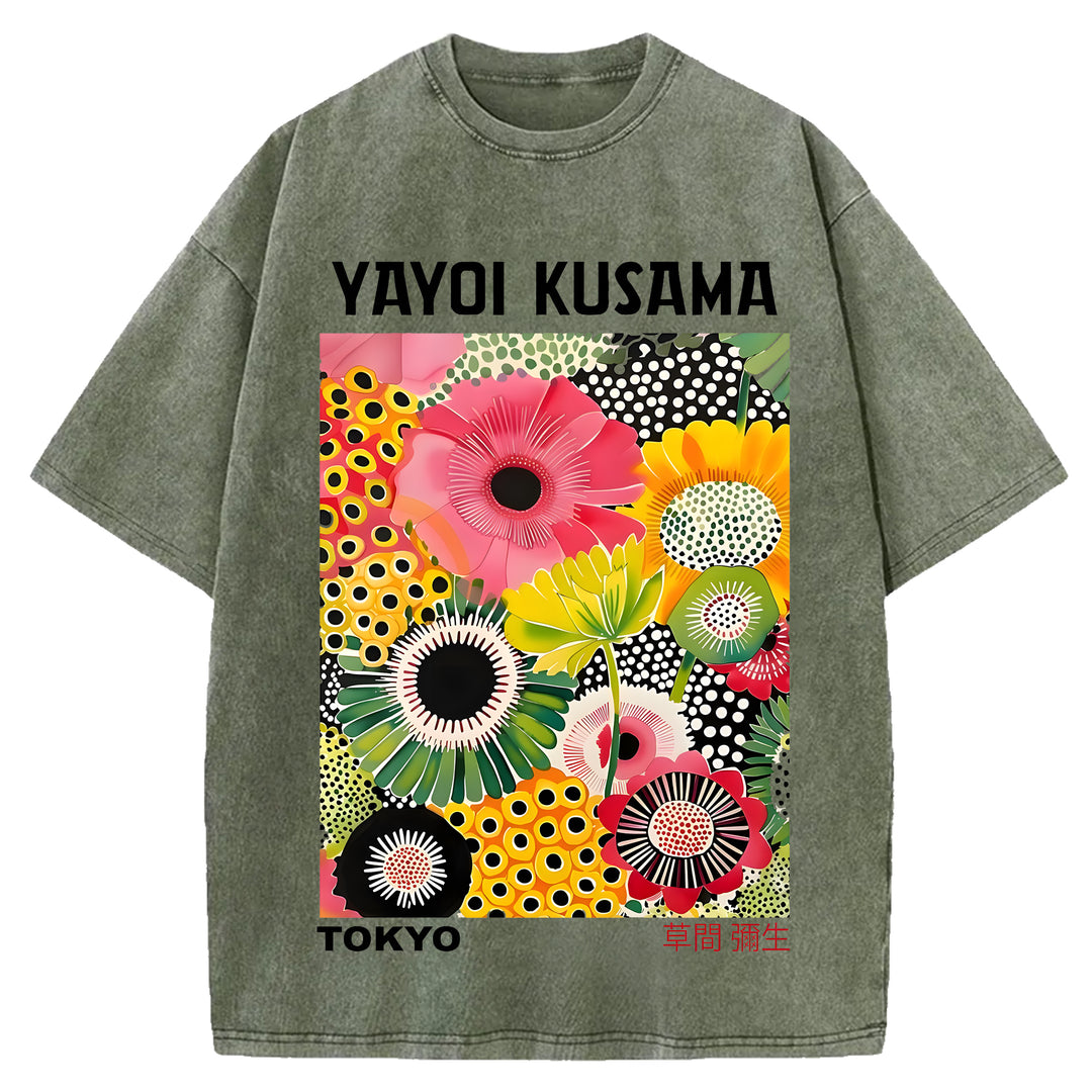 Yayoi Kusama Flower Vintage Japanese Design Washed Crew Neck T-Shirt