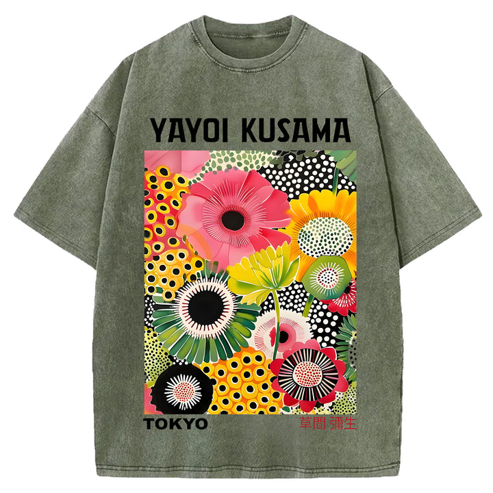 Yayoi Kusama Flower Vintage Japanese Design Washed Crew Neck T-Shirt