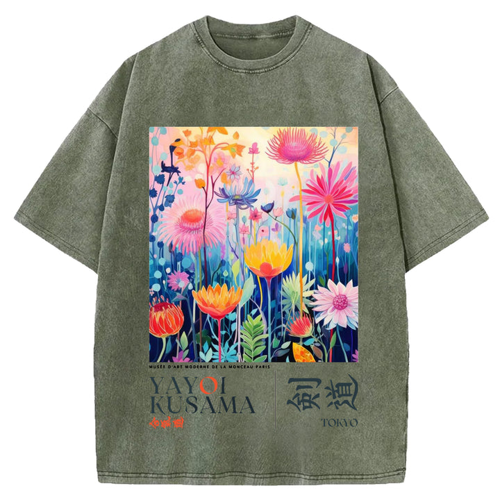 Yayoi Kusama Flower Vintage Design Washed Crew Neck T-Shirt