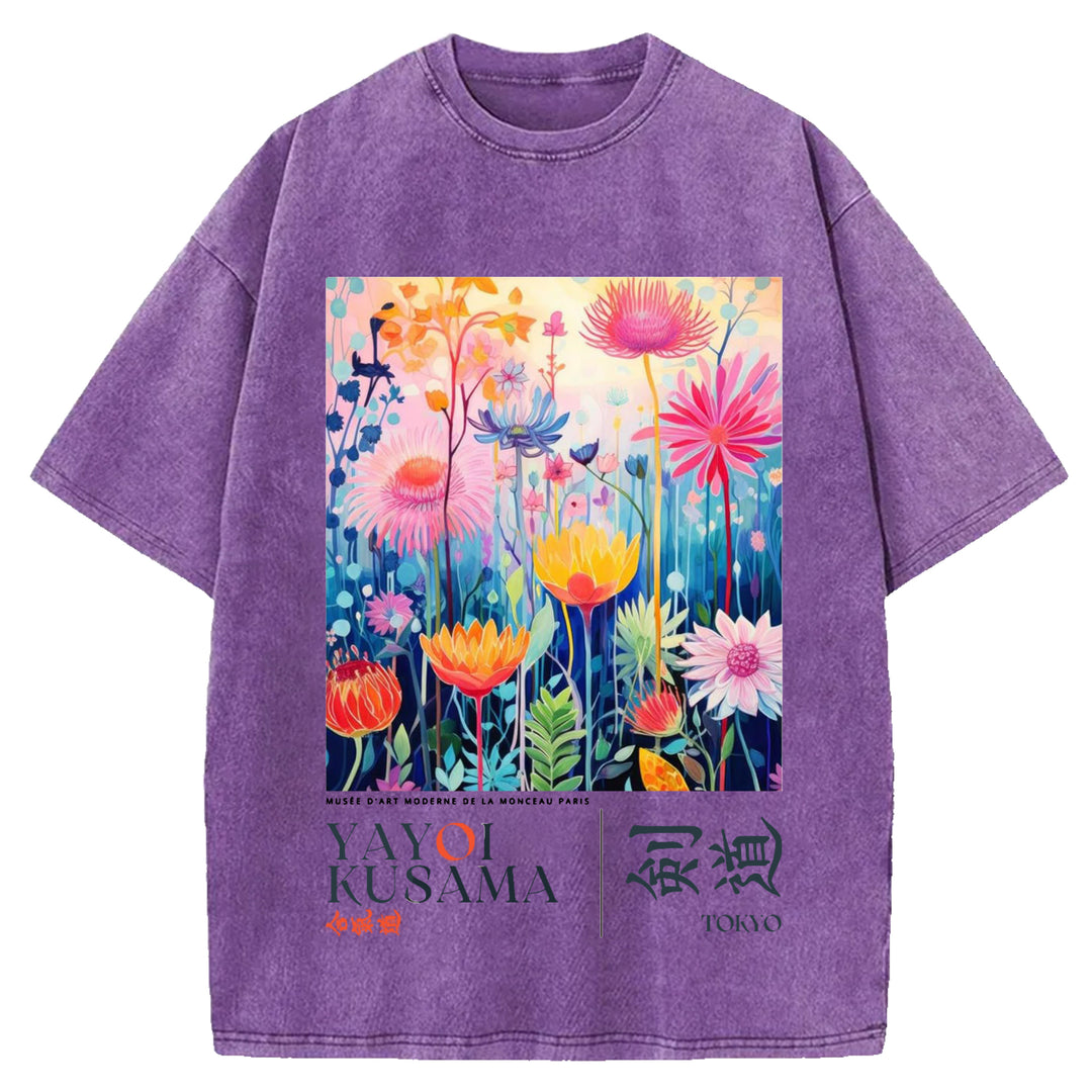 Yayoi Kusama Flower Vintage Design Washed Crew Neck T-Shirt