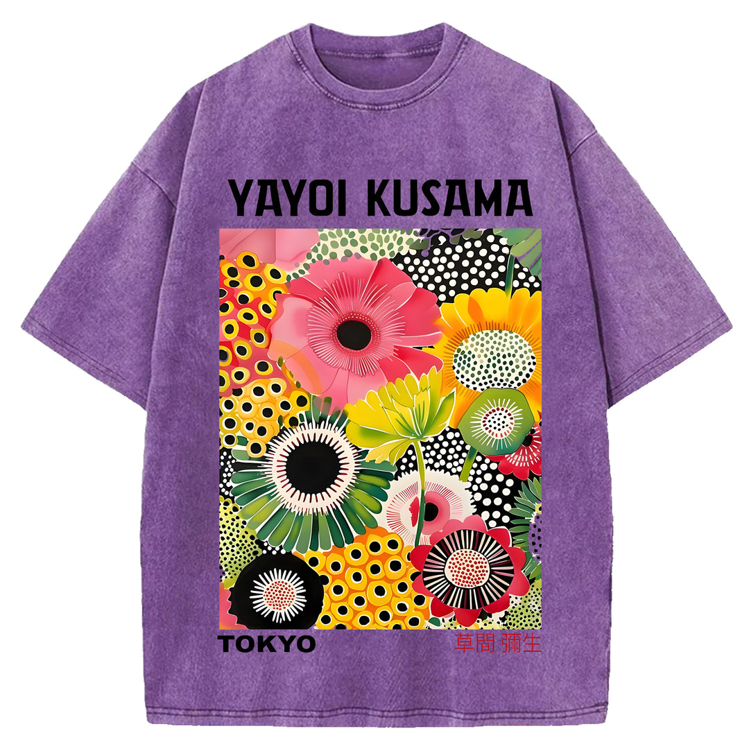 Yayoi Kusama Flower Vintage Japanese Design Washed Crew Neck T-Shirt