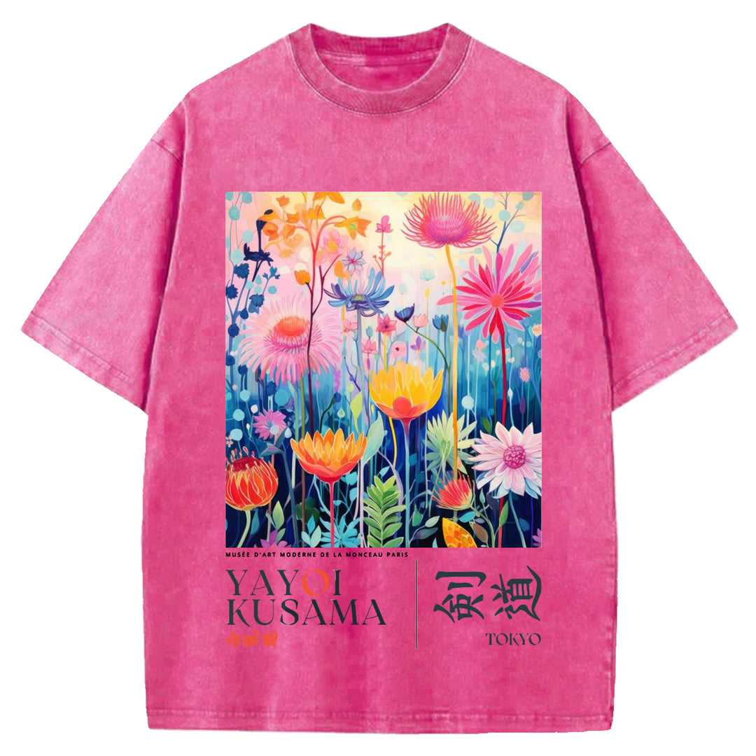Yayoi Kusama Flower Vintage Design Washed Crew Neck T-Shirt