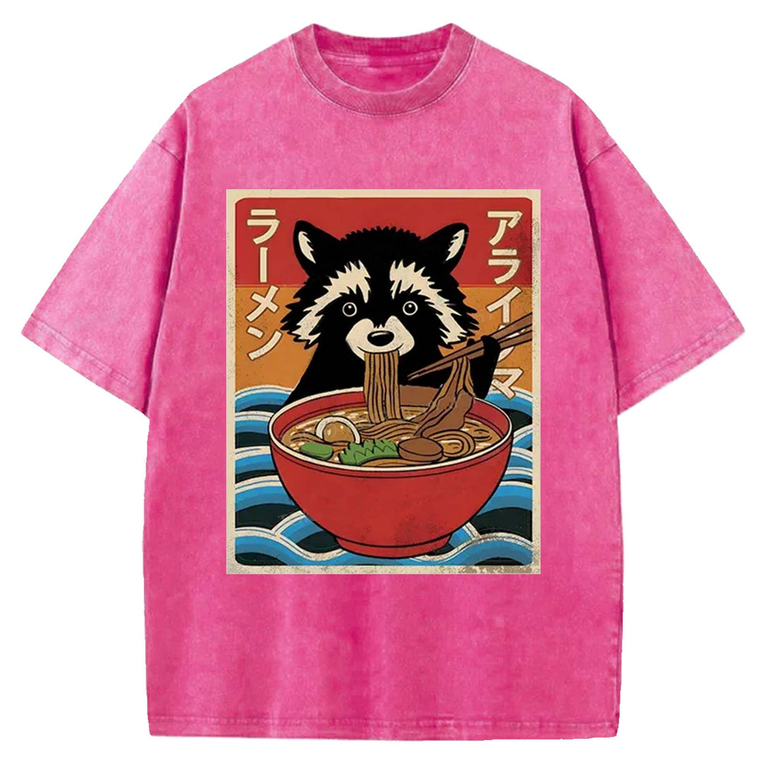 Raccoon eating Ramen Washed Crew Neck T-Shirt