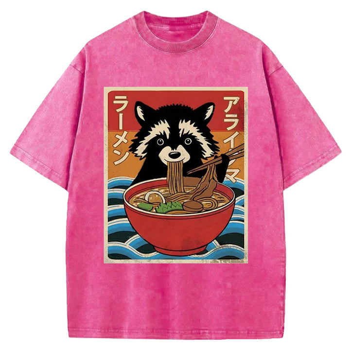 Raccoon eating Ramen Washed Crew Neck T-Shirt