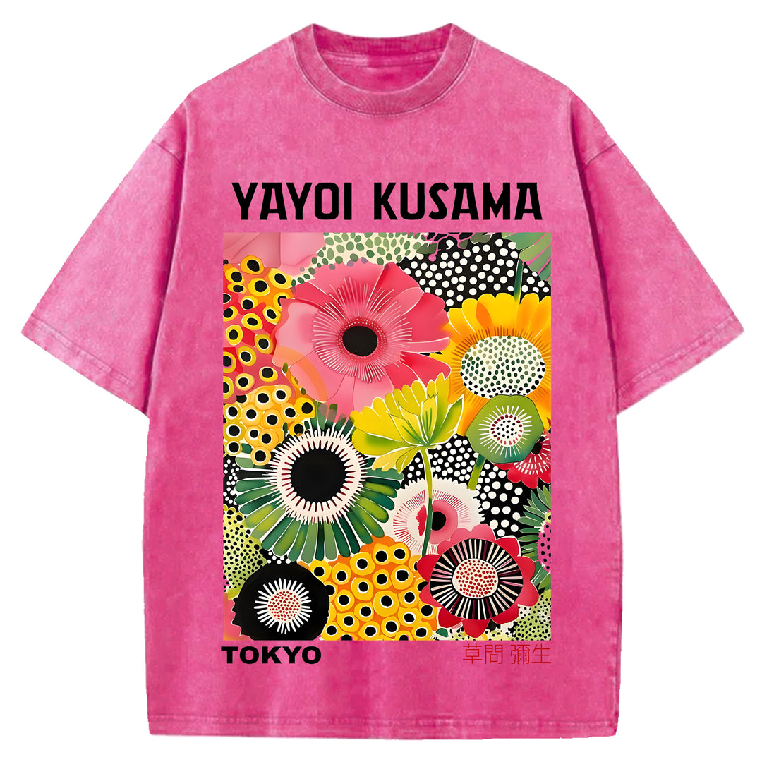 Yayoi Kusama Flower Vintage Japanese Design Washed Crew Neck T-Shirt