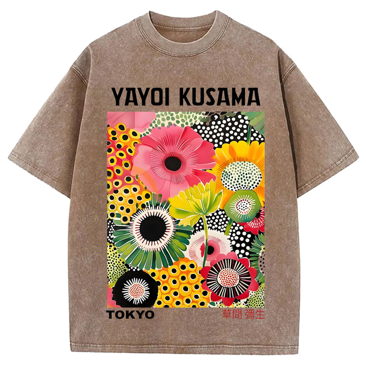 Yayoi Kusama Flower Vintage Japanese Design Washed Crew Neck T-Shirt