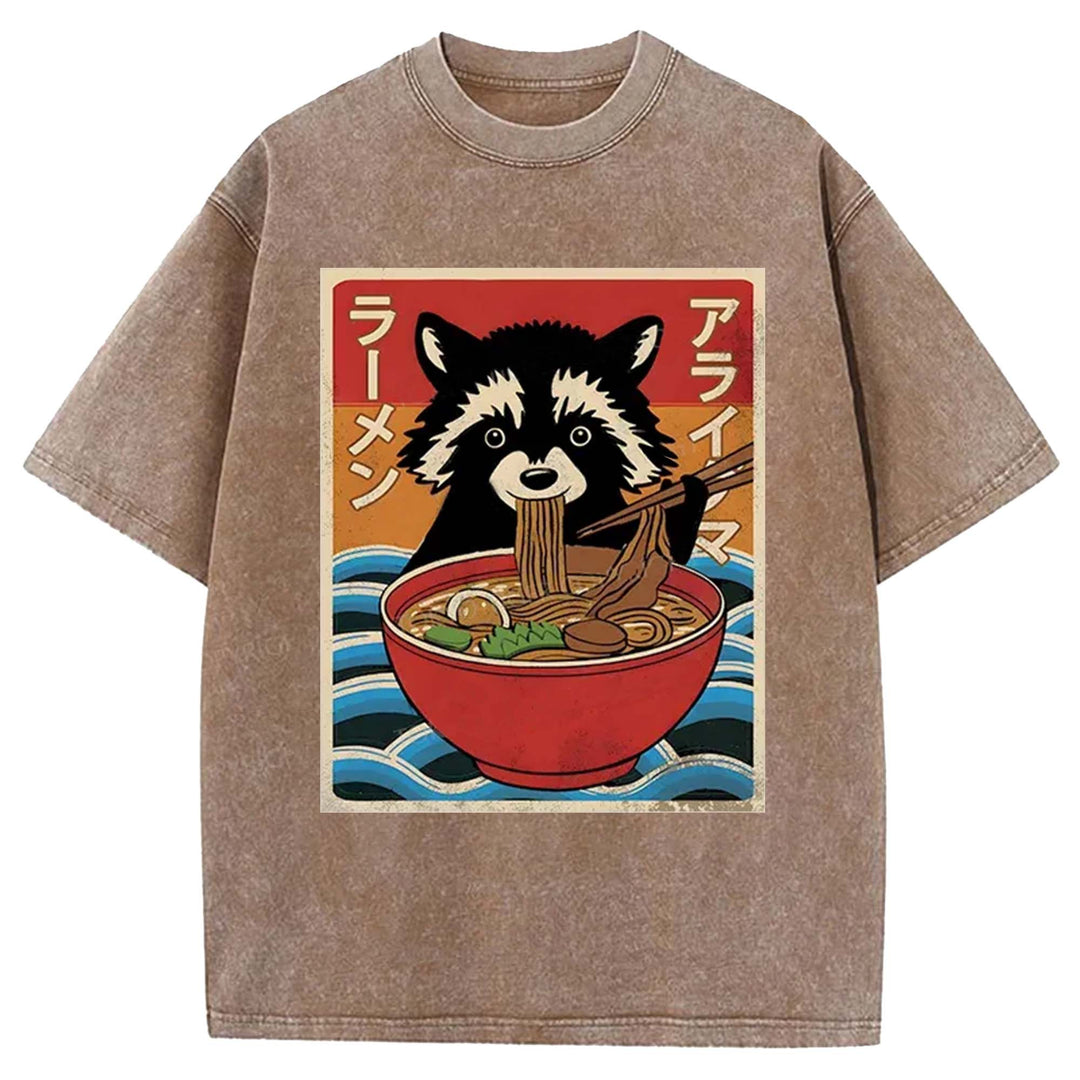 Raccoon eating Ramen Washed Crew Neck T-Shirt