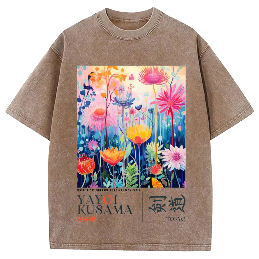 Yayoi Kusama Flower Vintage Design Washed Crew Neck T-Shirt