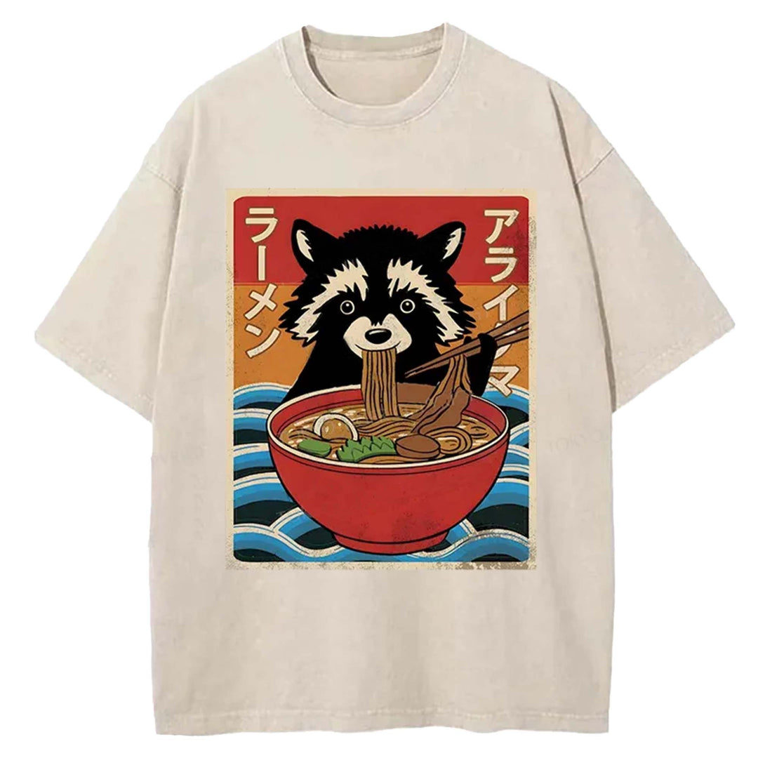 Raccoon eating Ramen Washed Crew Neck T-Shirt