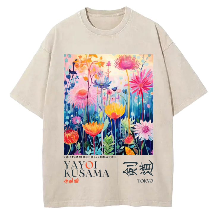 Yayoi Kusama Flower Vintage Design Washed Crew Neck T-Shirt