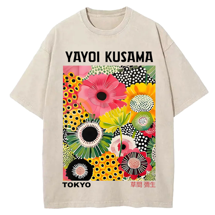 Yayoi Kusama Flower Vintage Japanese Design Washed Crew Neck T-Shirt