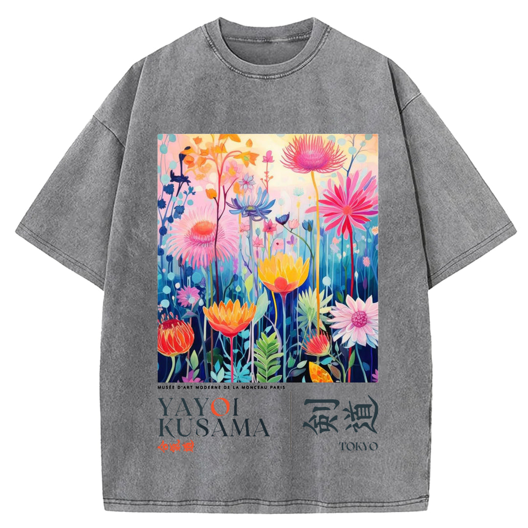 Yayoi Kusama Flower Vintage Design Washed Crew Neck T-Shirt