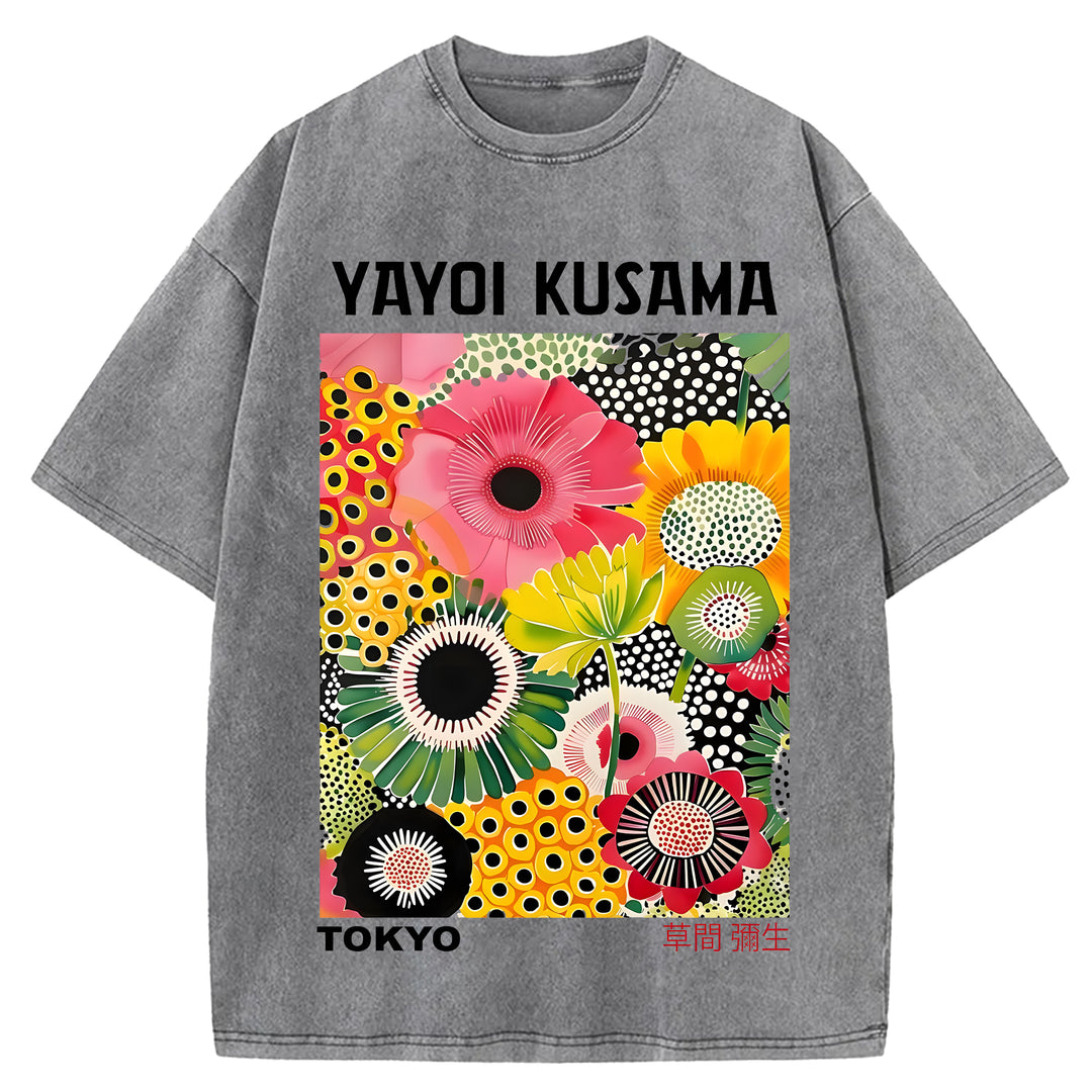Yayoi Kusama Flower Vintage Japanese Design Washed Crew Neck T-Shirt