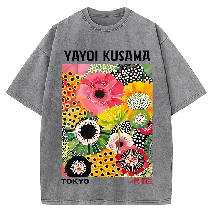 Yayoi Kusama Flower Vintage Japanese Design Washed Crew Neck T-Shirt