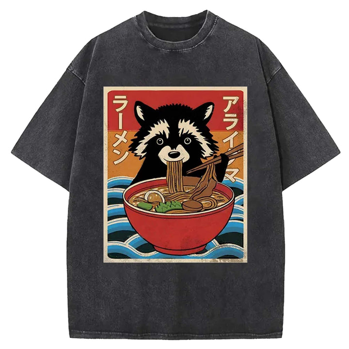Raccoon eating Ramen Washed Crew Neck T-Shirt
