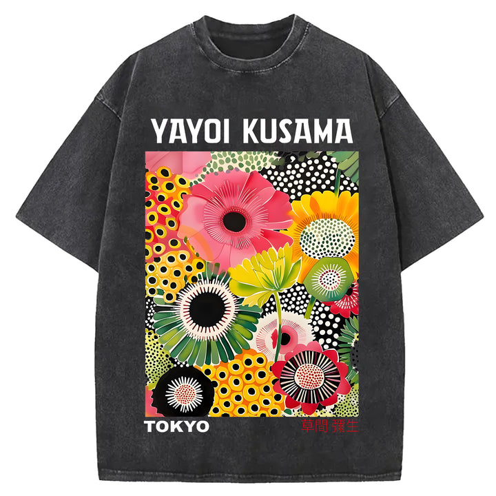 Yayoi Kusama Flower Vintage Japanese Design Washed Crew Neck T-Shirt
