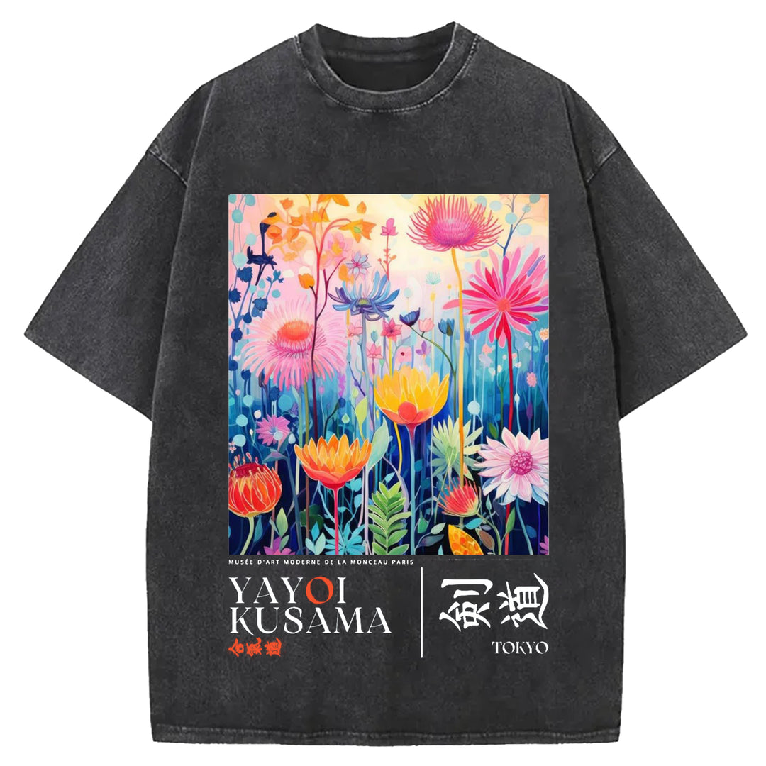 Yayoi Kusama Flower Vintage Design Washed Crew Neck T-Shirt