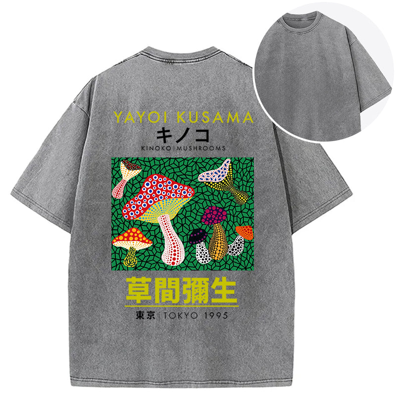 Yayoi Kusama Spotted Mushroom Vintage Washed Crew Neck T-Shirt