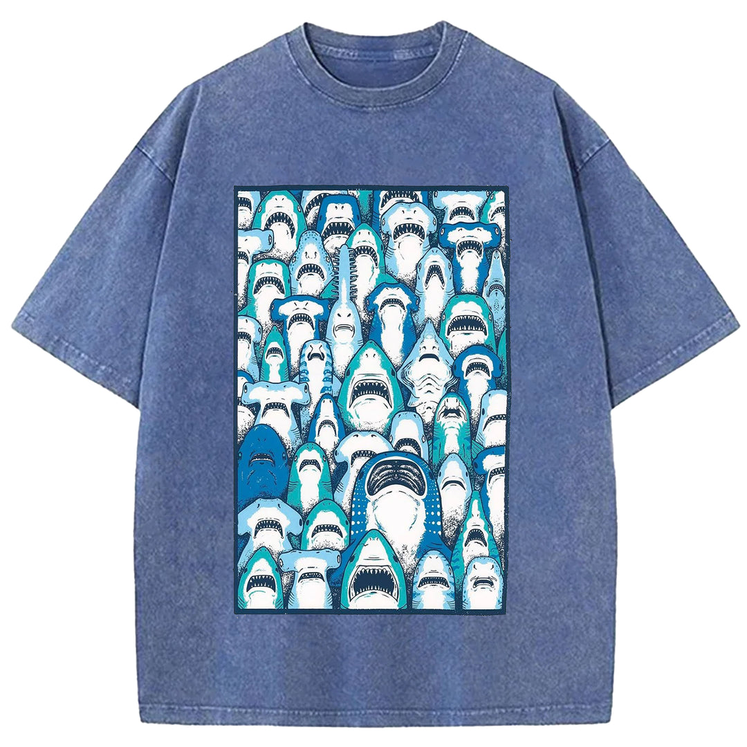 Sharks Vintage Design Washed Crew Neck T-Shirt