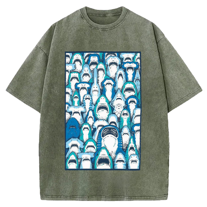 Sharks Vintage Design Washed Crew Neck T-Shirt