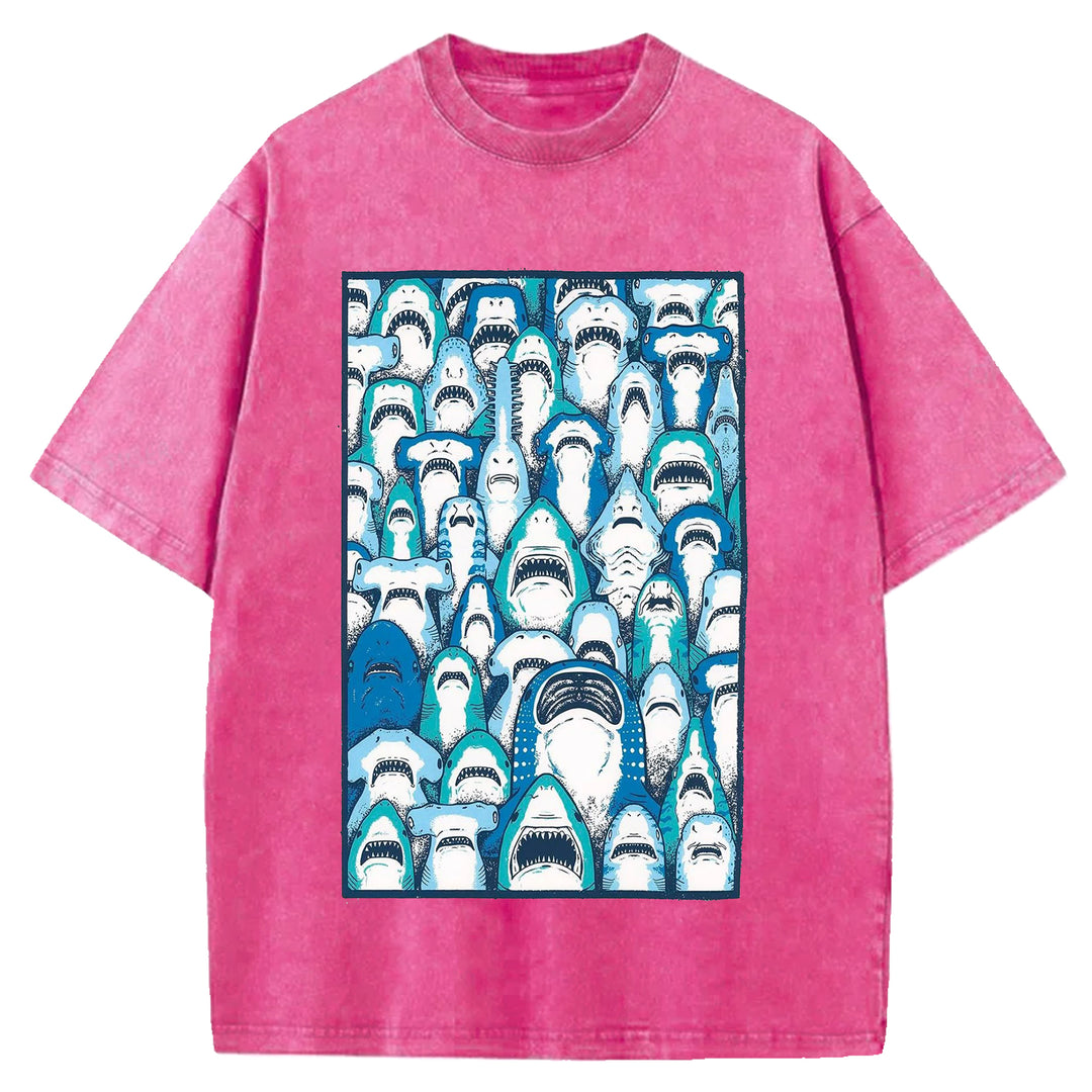 Sharks Vintage Design Washed Crew Neck T-Shirt