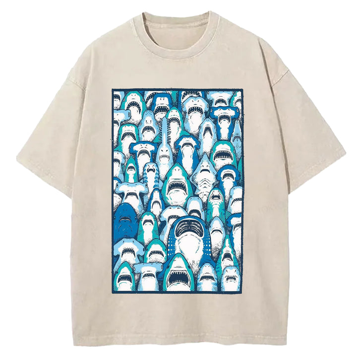 Sharks Vintage Design Washed Crew Neck T-Shirt