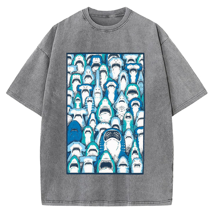 Sharks Vintage Design Washed Crew Neck T-Shirt
