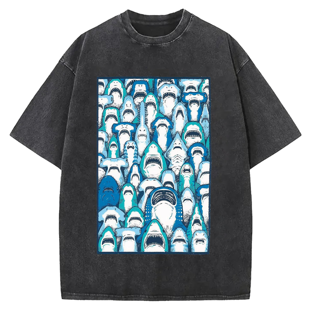 Sharks Vintage Design Washed Crew Neck T-Shirt