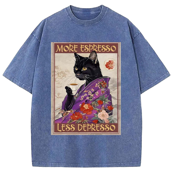Japanese Cat Drinking Coffee Washed Crew Neck T-Shirt