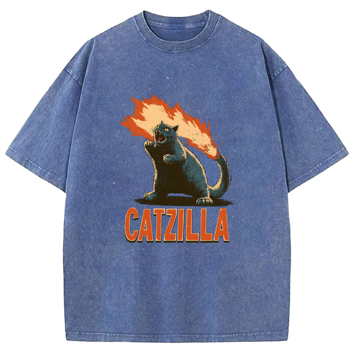 Catzilla Japanese Monster Washed Crew Neck T-Shirt