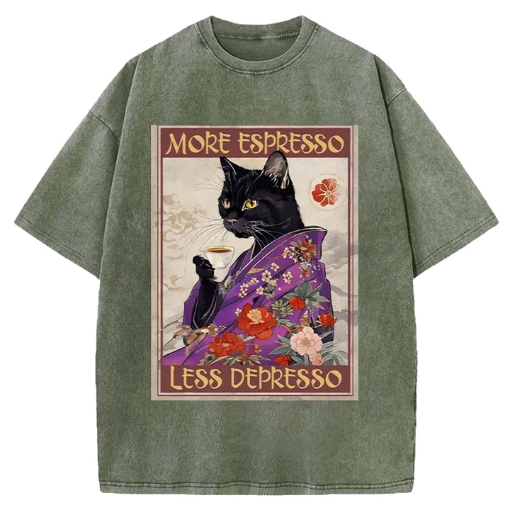 Japanese Cat Drinking Coffee Washed Crew Neck T-Shirt