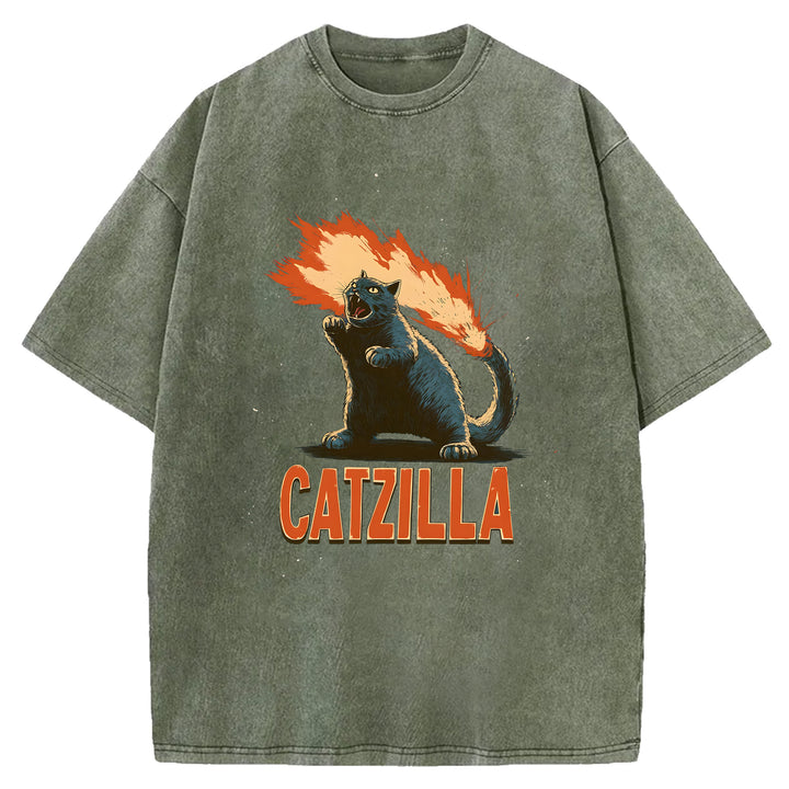 Catzilla Japanese Monster Washed Crew Neck T-Shirt