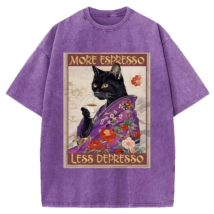 Japanese Cat Drinking Coffee Washed Crew Neck T-Shirt
