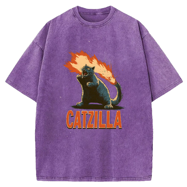 Catzilla Japanese Monster Washed Crew Neck T-Shirt