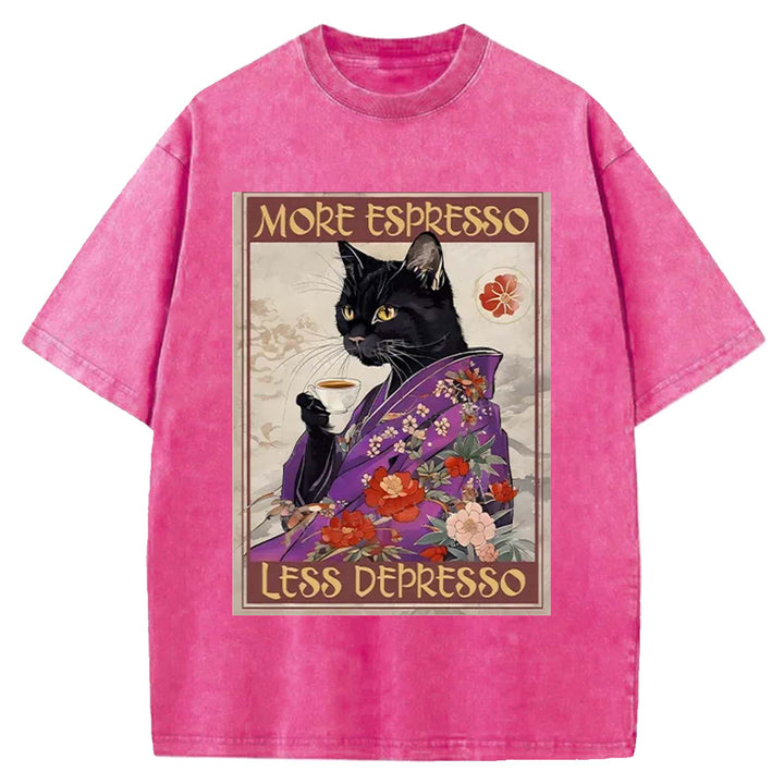 Japanese Cat Drinking Coffee Washed Crew Neck T-Shirt