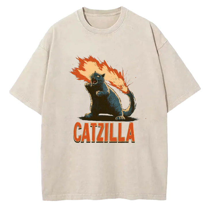 Catzilla Japanese Monster Washed Crew Neck T-Shirt