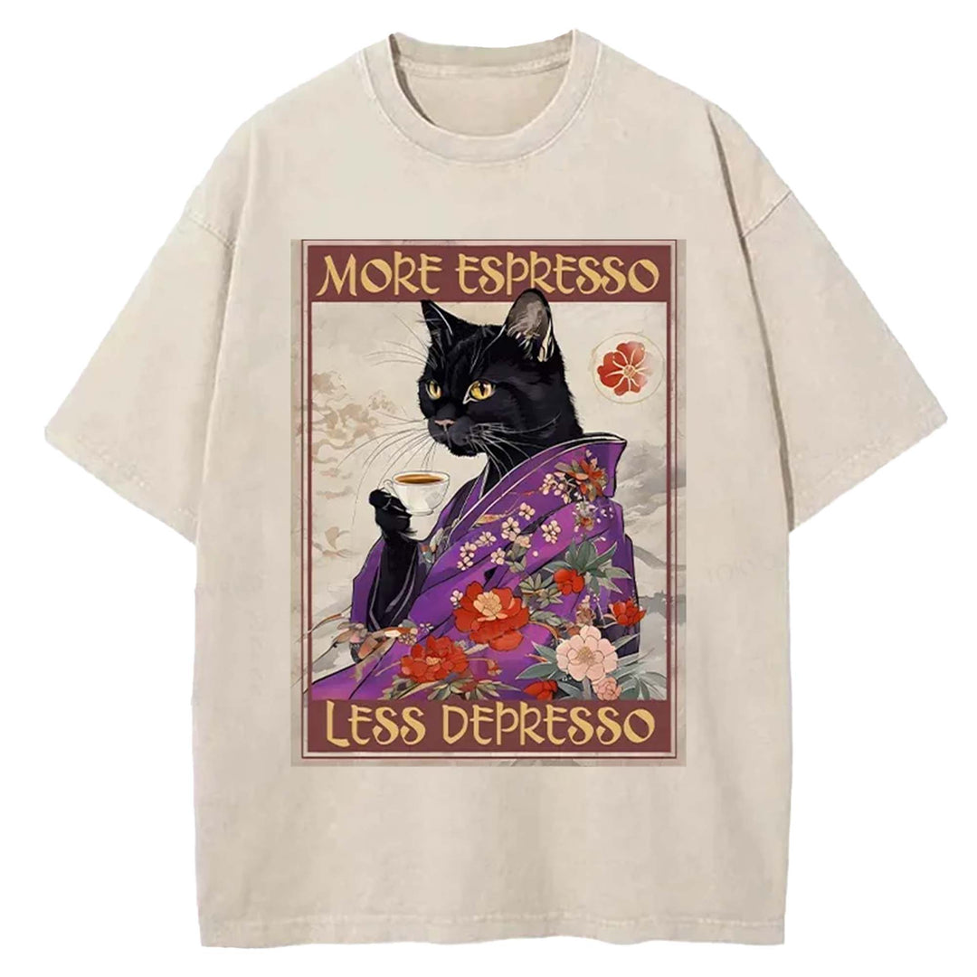Japanese Cat Drinking Coffee Washed Crew Neck T-Shirt