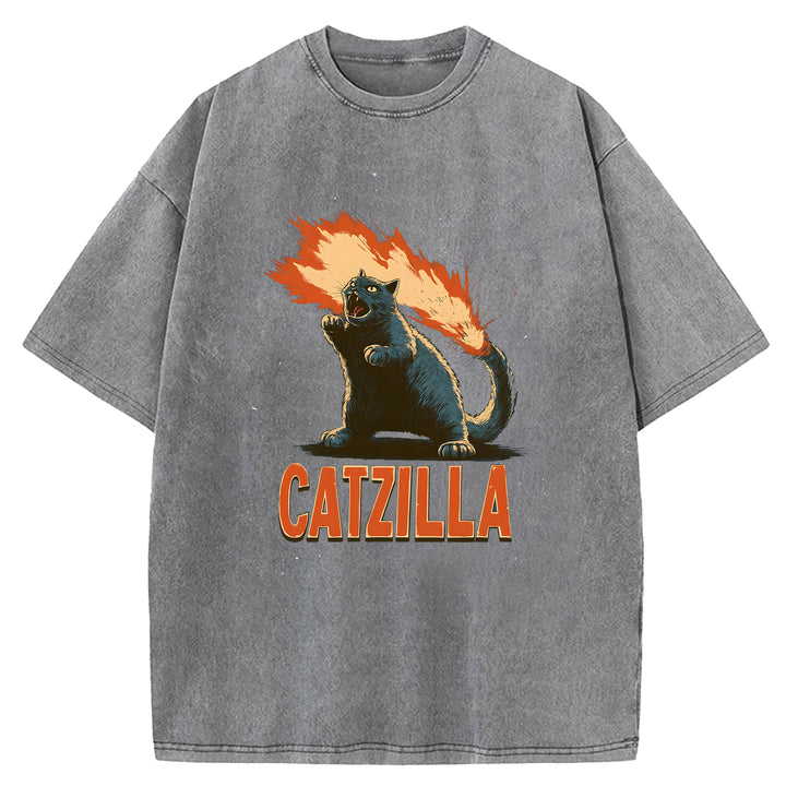 Catzilla Japanese Monster Washed Crew Neck T-Shirt