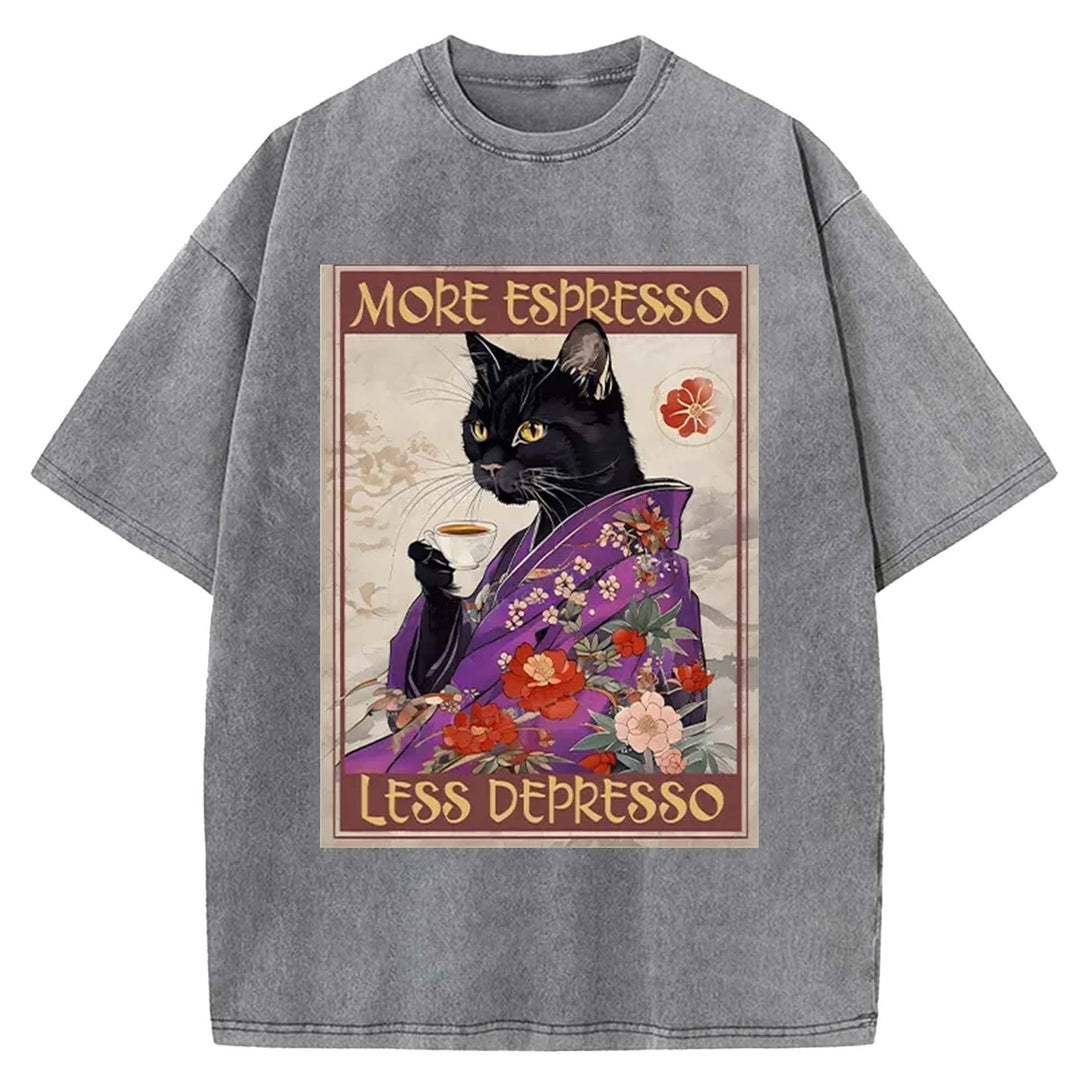 Japanese Cat Drinking Coffee Washed Crew Neck T-Shirt
