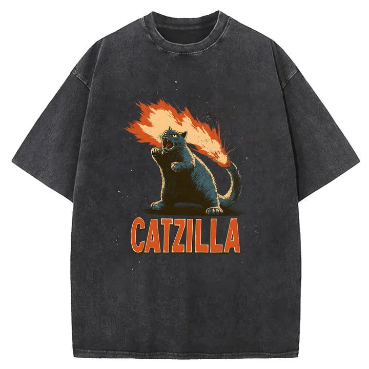 Catzilla Japanese Monster Washed Crew Neck T-Shirt