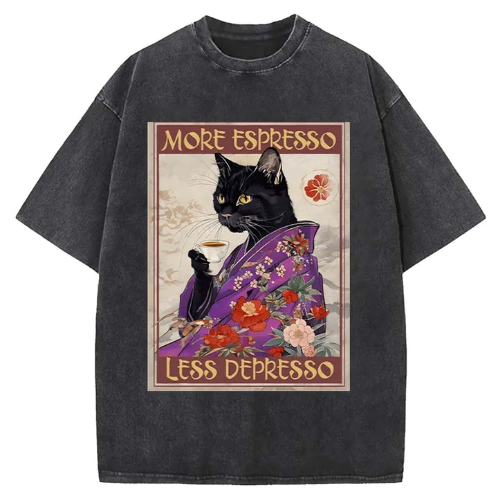 Japanese Cat Drinking Coffee Washed Crew Neck T-Shirt
