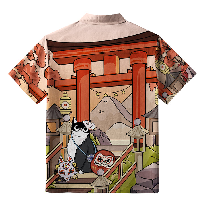 Mysterious Torii And Cat Button-up Shirt