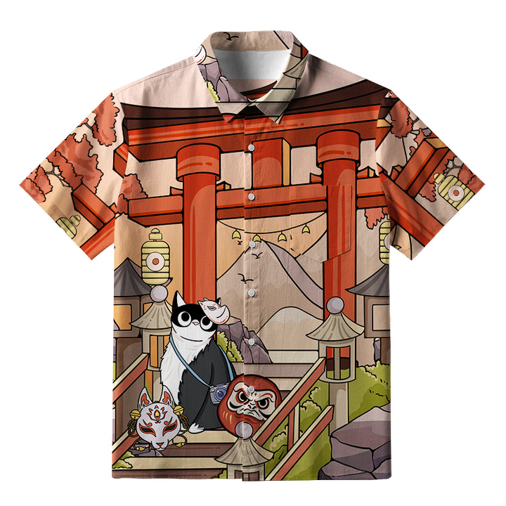 Mysterious Torii And Cat Button-up Shirt
