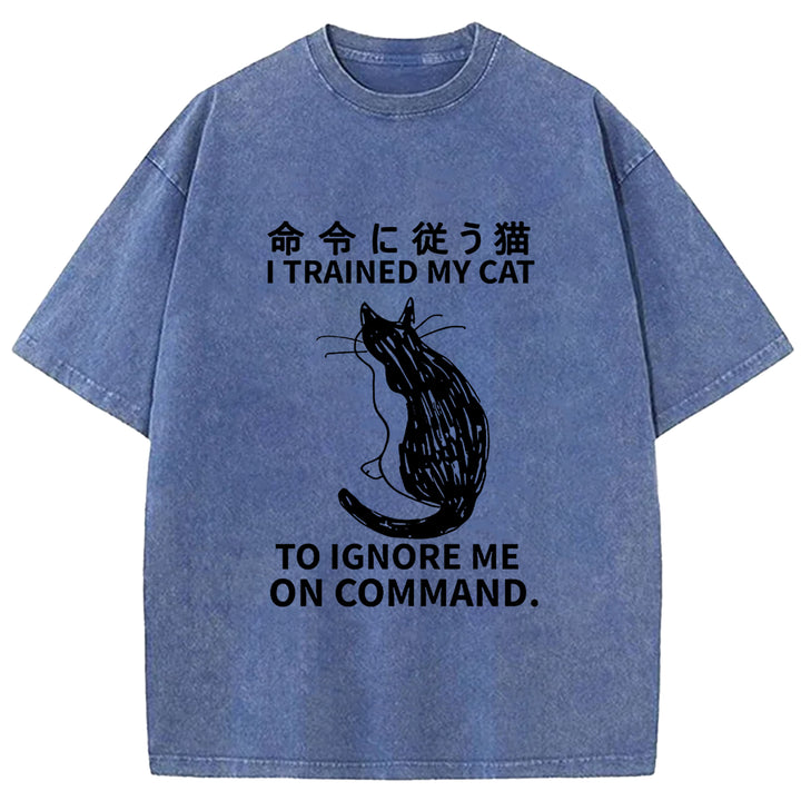 Cat Obeying Orders Washed Crew Neck T-Shirt