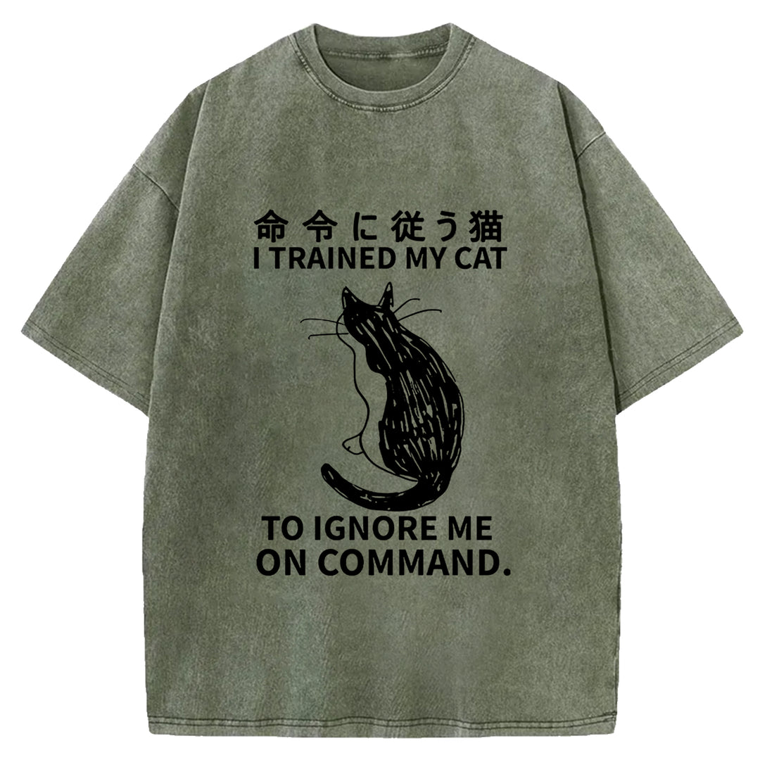 Cat Obeying Orders Washed Crew Neck T-Shirt