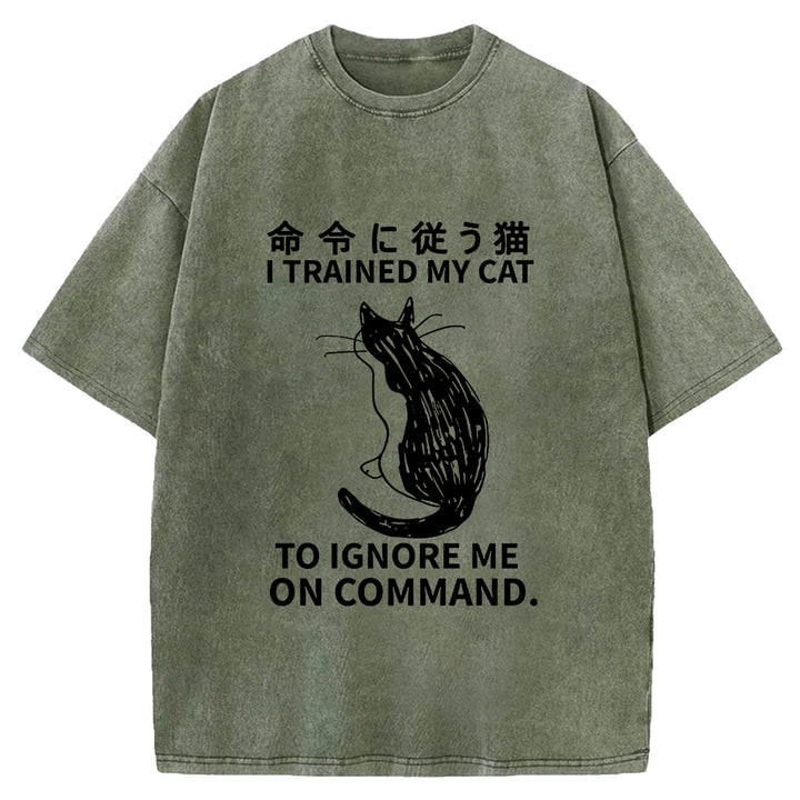 Cat Obeying Orders Washed Crew Neck T-Shirt