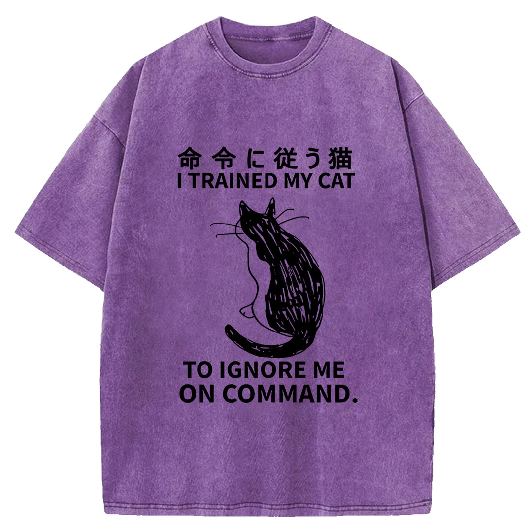 Cat Obeying Orders Washed Crew Neck T-Shirt