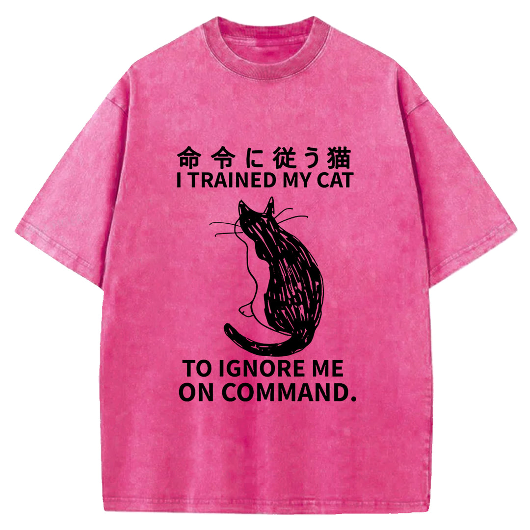 Cat Obeying Orders Washed Crew Neck T-Shirt