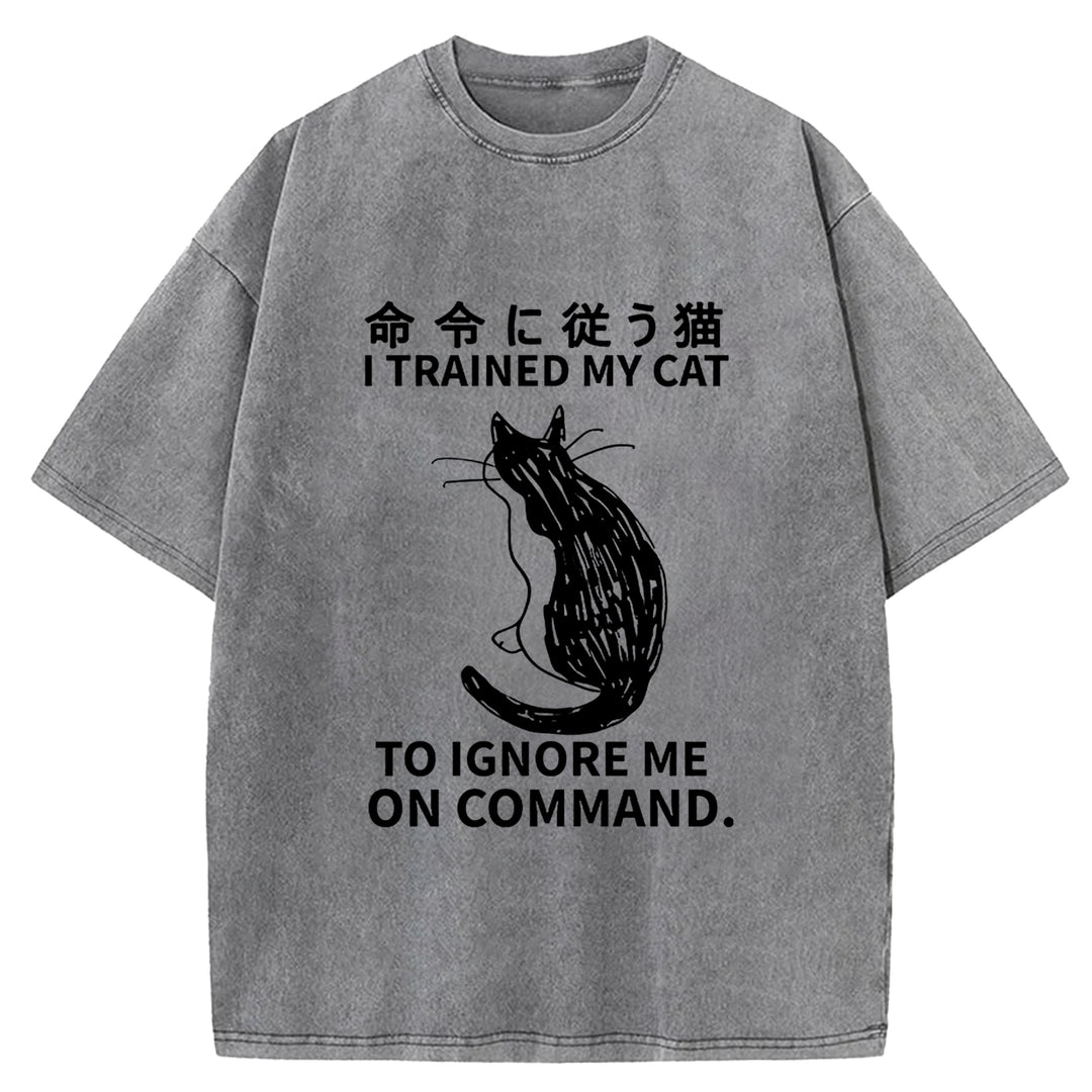Cat Obeying Orders Washed Crew Neck T-Shirt